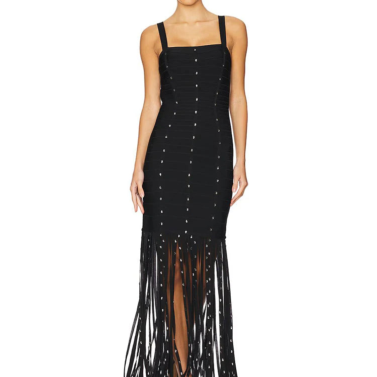 Black Diamond Tassel Spaghetti Straps Long Dress Backless Sleeveless Fringed Patchwork Bodycon Evening Party Gowns