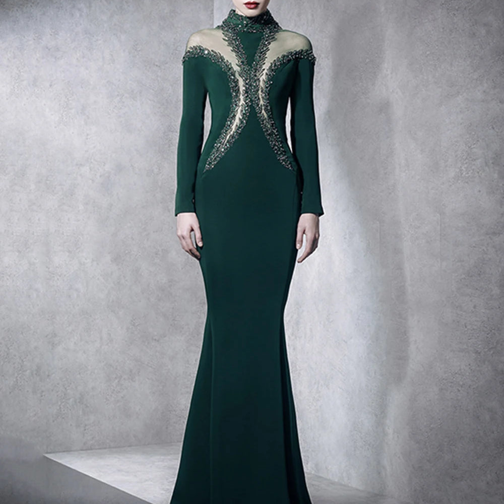 Newest Fashion 2025 Designer Party Vestido Women'S Diamonds Mesh Long Sleeves Bodycon Mermaid Long Maxi Dress