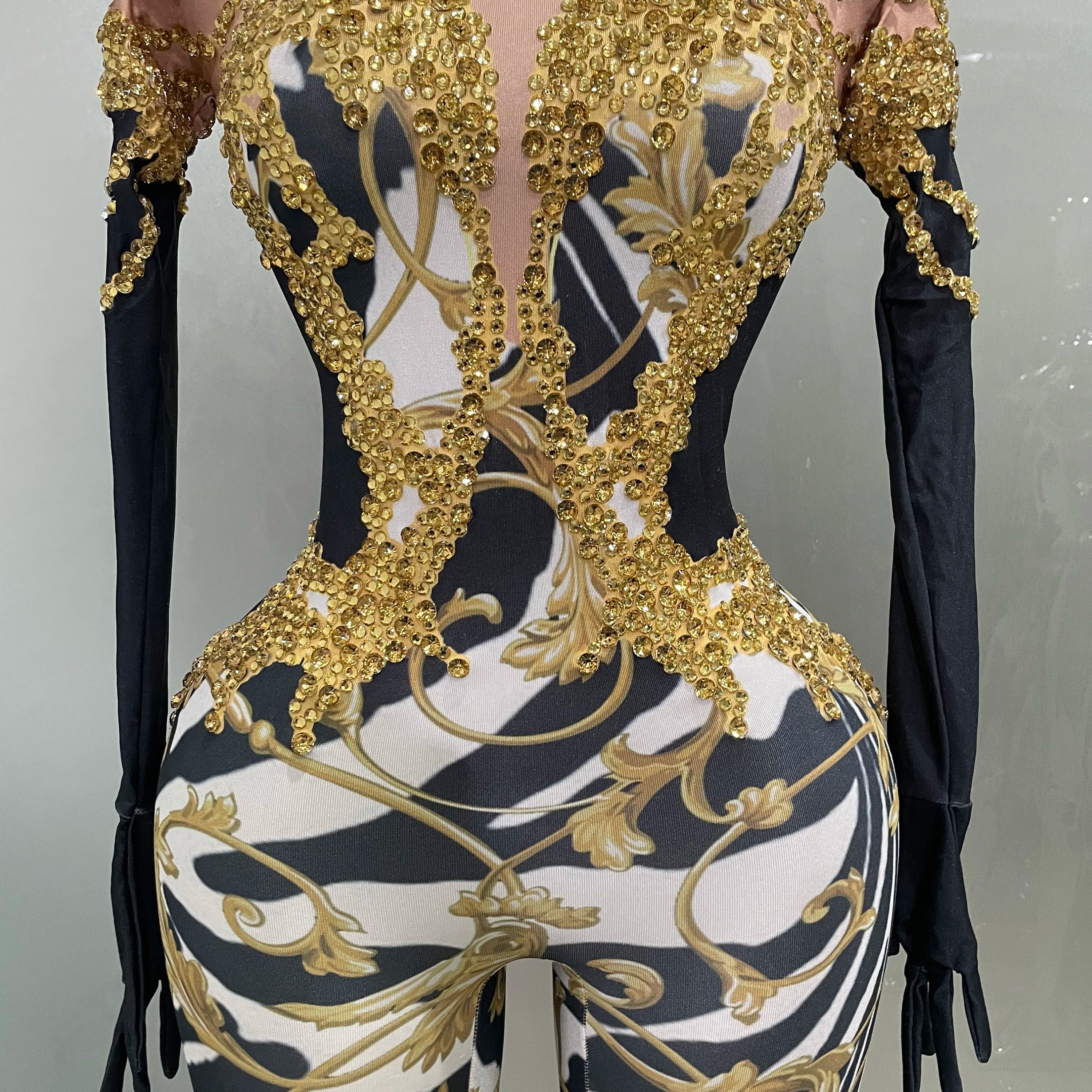 Sparkly Gold Rhinestones Jumpsuit With Gloves 2025 New Women Sexy Printed Party Nightclub Bar Singer Stage Performance Costume