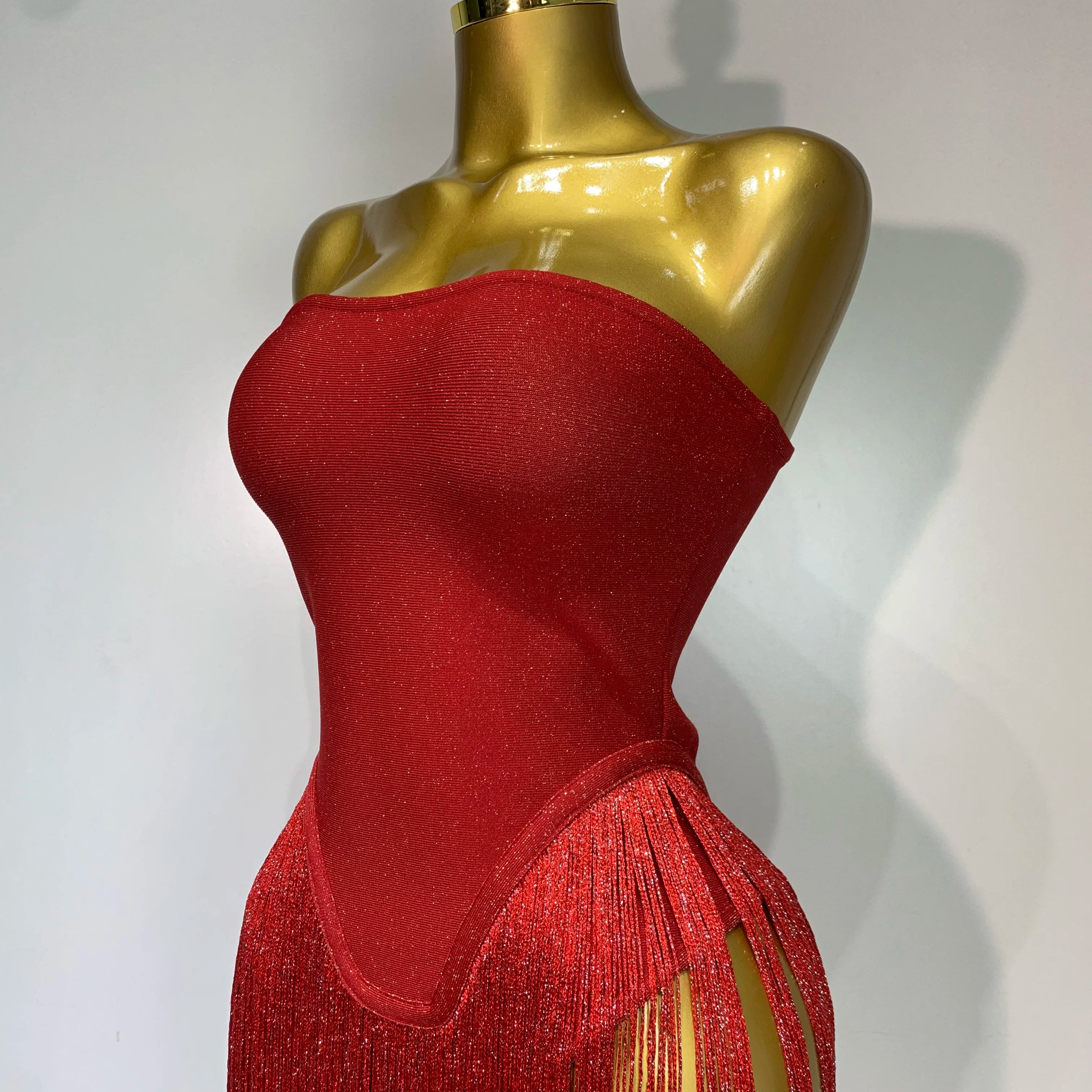 Fashion Design Long Tassel Patchwork Strapless Bandage Bodysuit Women Sexy High Street Evening Party Nightclub Hotwife Outfit