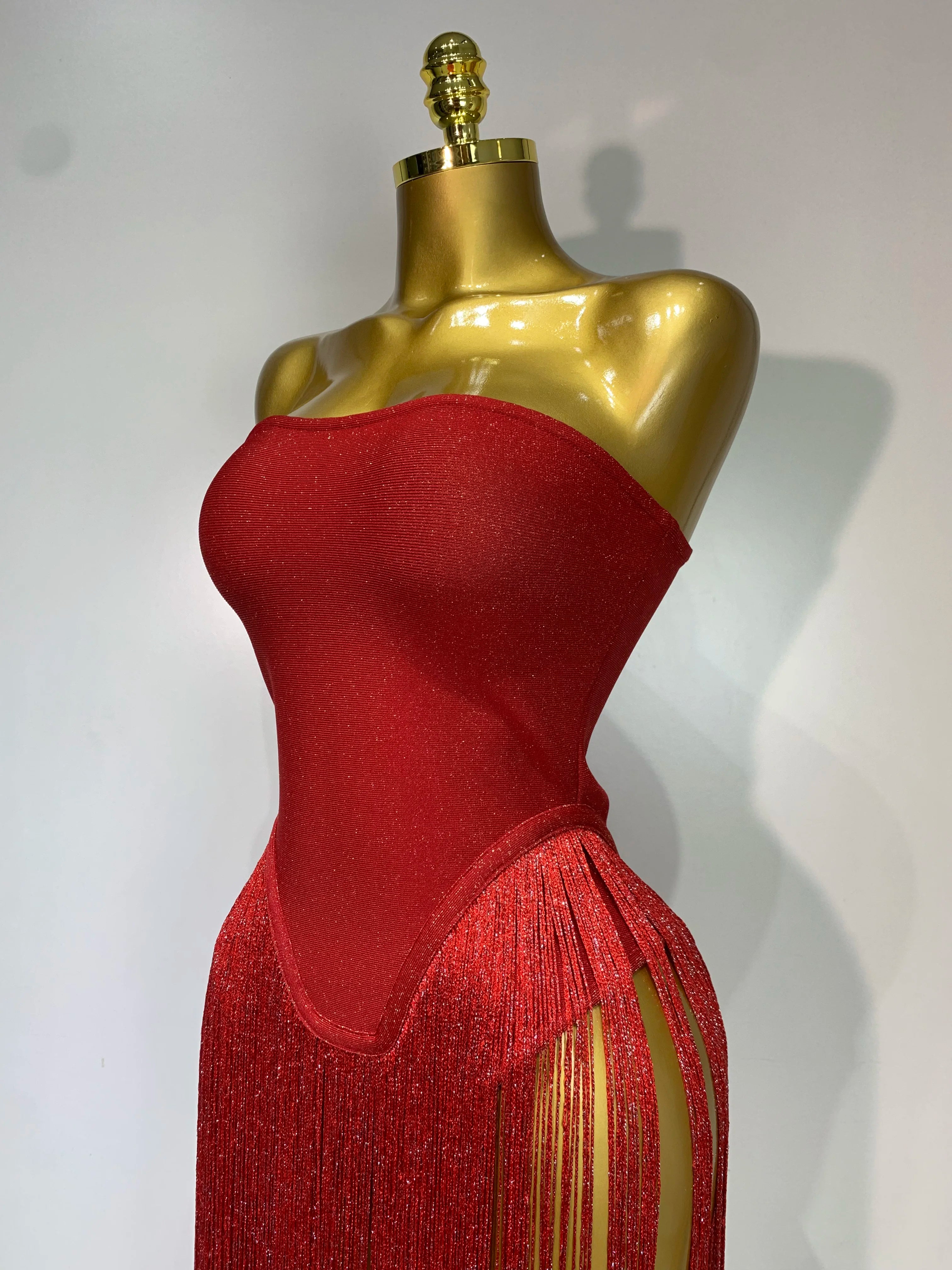 Fashion Design Long Tassel Patchwork Strapless Bandage Bodysuit Women Sexy High Street Evening Party Nightclub Hotwife Outfit