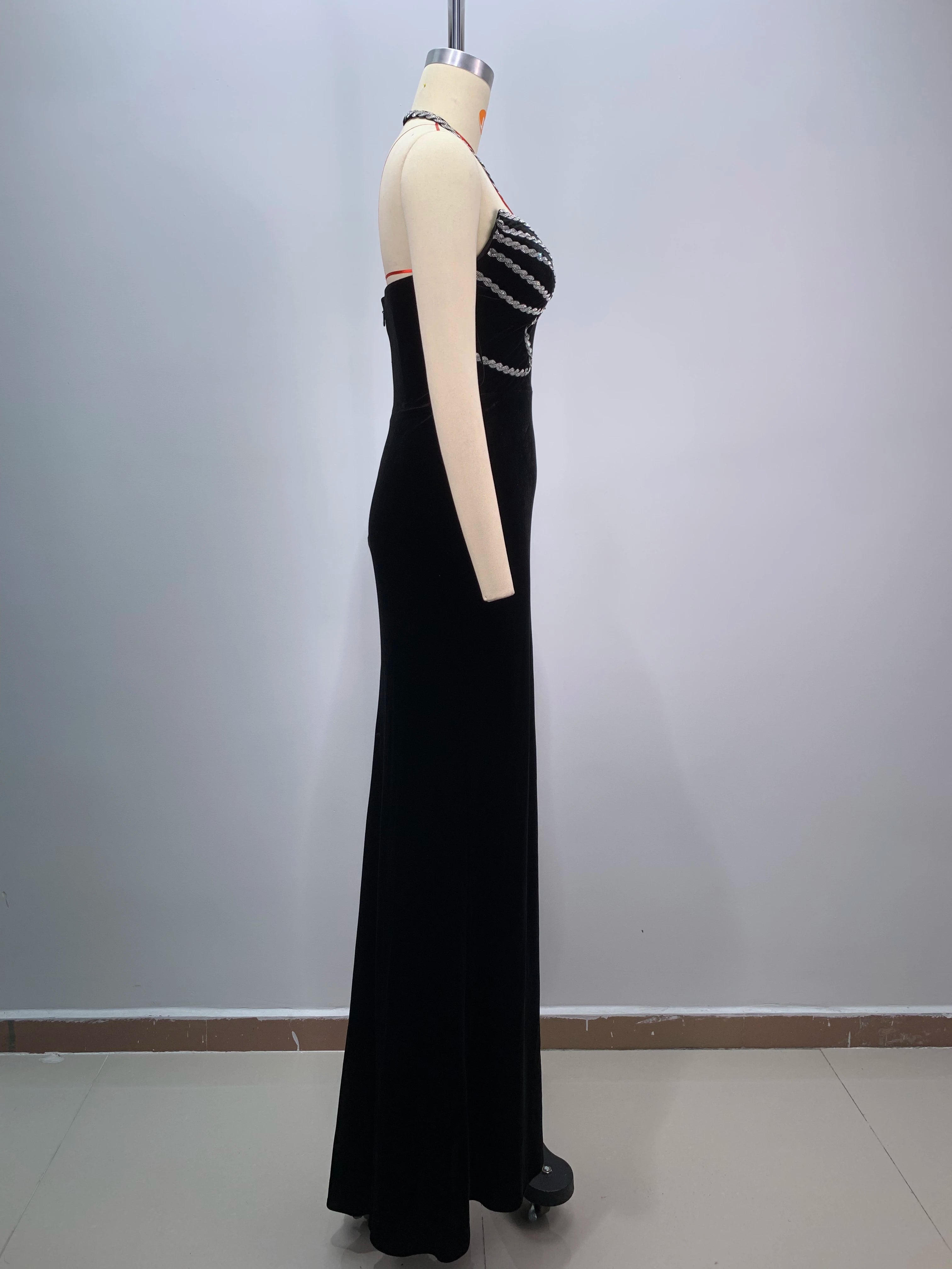 Top Women Sexy Halter Off the Shoulder Shinning Crystal Velvet Bodycon Long Dress High Split Fashion Evening Party Dress