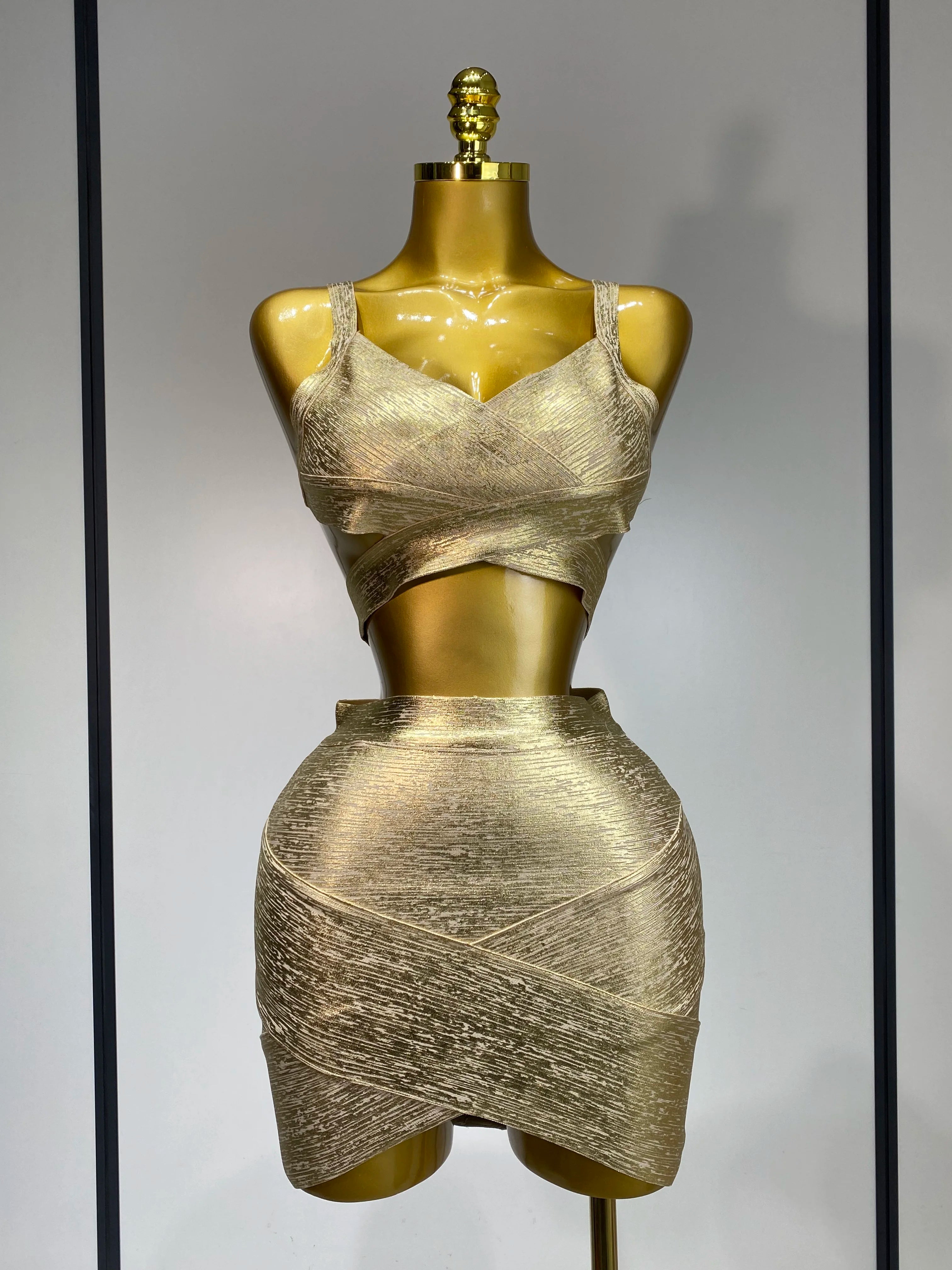2025 New Summer Sexy V Neck Gold Bandage Two Pieces Set Women Charming Celebrity Bodycon Skirt Suits Club Birthday Vestido Gold