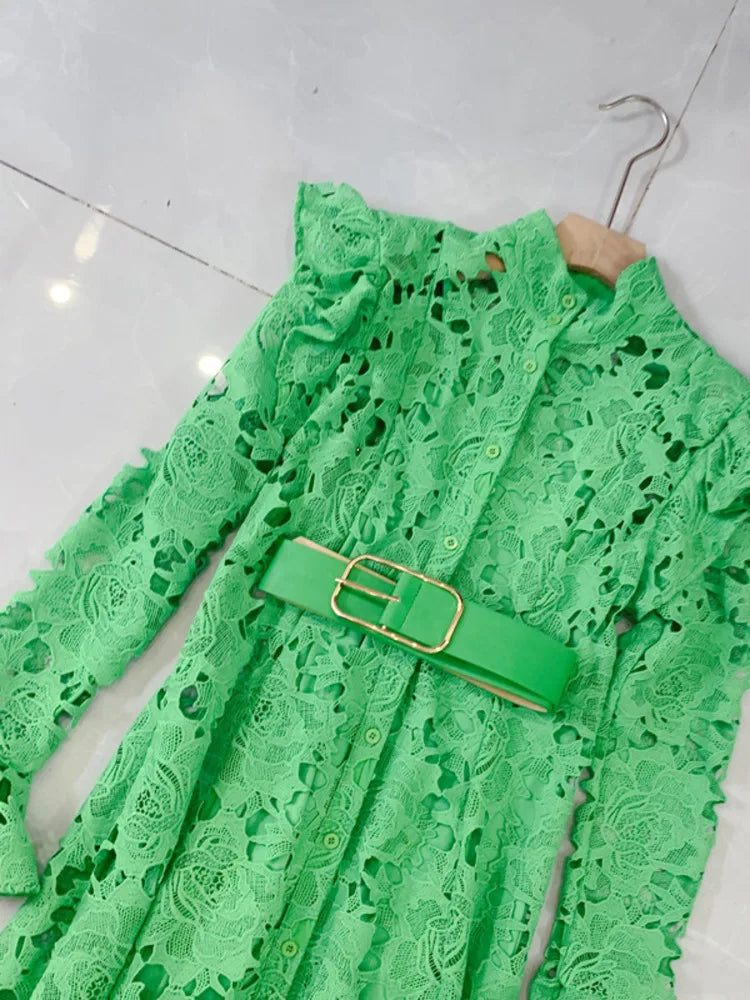 LGRQ Elegant Lace Embroidery Pattern Design Women's Dresses Evening Belt New Hollow Out Luxury Fashion 19F1371