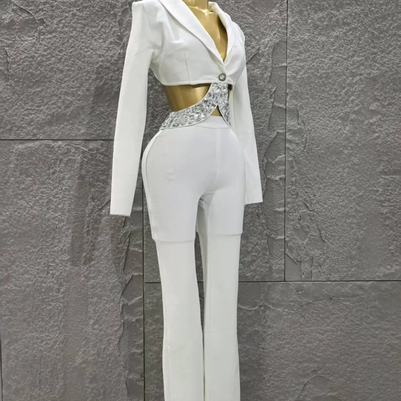 Black White Women Long Sleeve Sexy V-Neck Shinning Crystal 2 Pieces Bodycon Bandage Set Celebrate Evening Party Women's Set