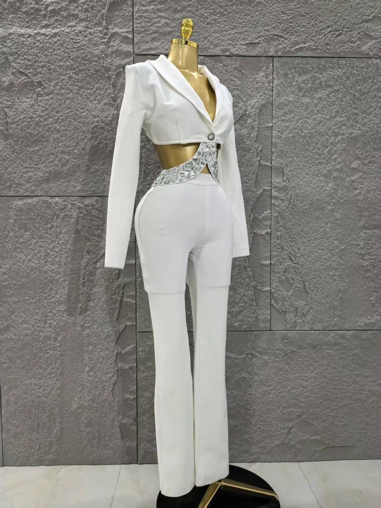 Black White Women Long Sleeve Sexy V-Neck Shinning Crystal 2 Pieces Bodycon Bandage Set Celebrate Evening Party Women's Set