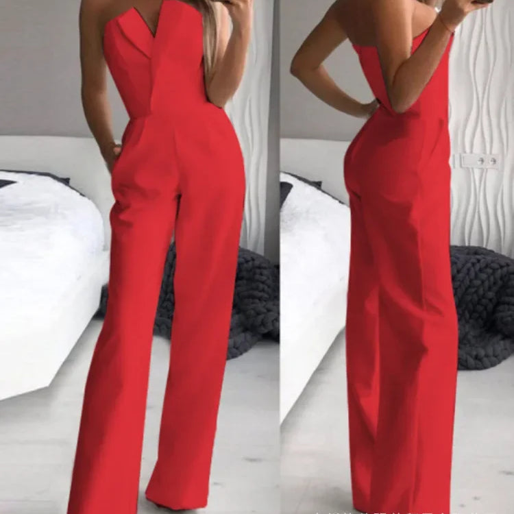 Women's Elegant Jumpsuits Solid Off Shoulder Sexy Club Jumpsuit Female Sleeveless High Waist Slim Wide Leg Jumpsuit Pants Red