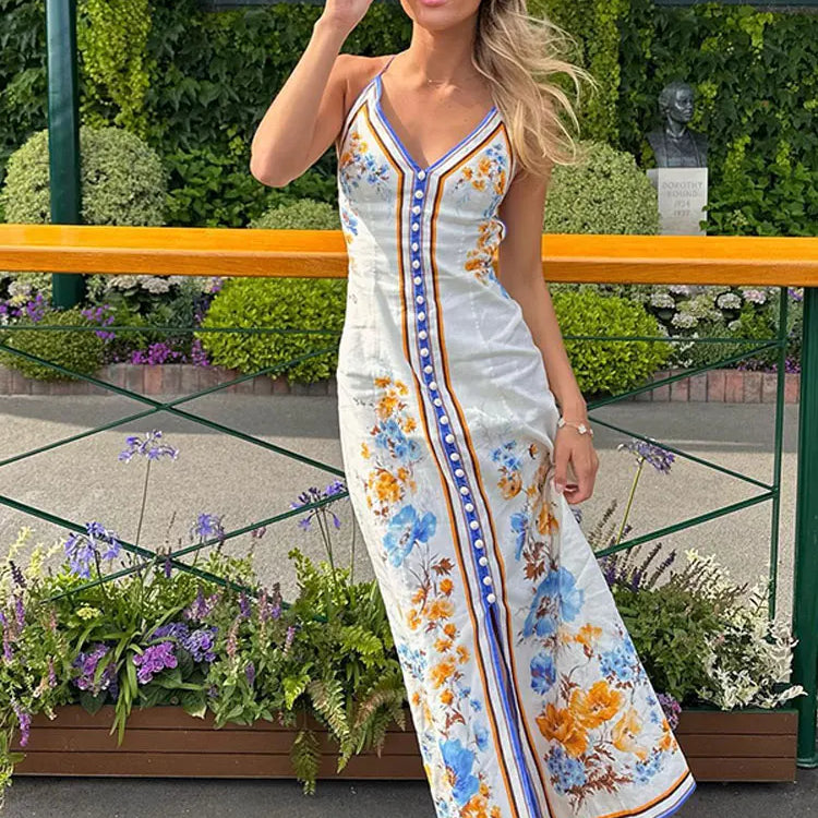 Casual Printed Hanging Neck Long Dress For Woman Summer Sleeveless Backless Female Maxi Dresses Vacation Beach Lady Robes Print