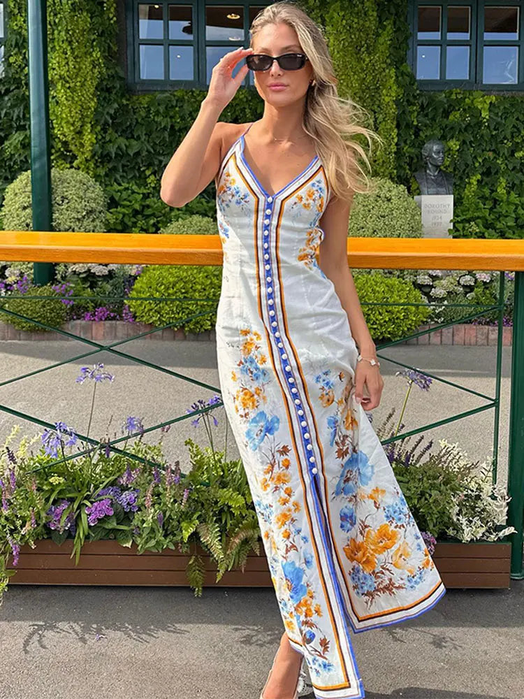 Casual Printed Hanging Neck Long Dress For Woman Summer Sleeveless Backless Female Maxi Dresses Vacation Beach Lady Robes Print
