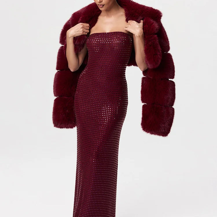 VC Redwine Beaded Strapless Long Maxi Dress For Women Elegant Sleeveless Backless Sparkle Crystals Bodycon Cocktail Evening Gown