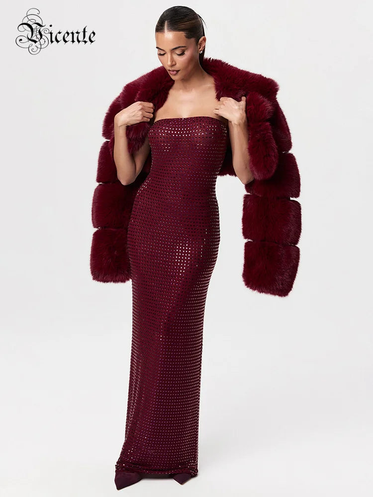 Redwine Beaded Strapless Long Maxi Dress For Women Elegant Sleeveless Backless Sparkle Crystals Bodycon Cocktail Evening Gown