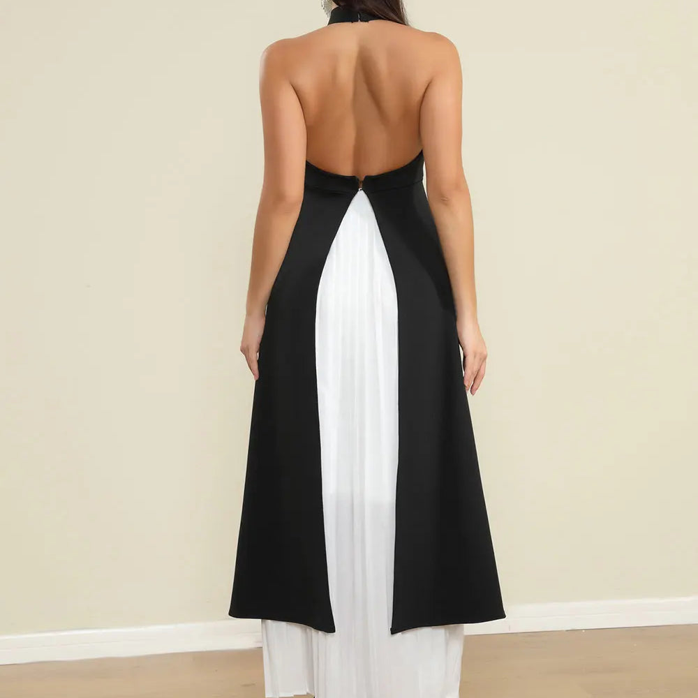 2025 Elegant Women's Loose pleated Long Dress with Stand up Collar and Sleeveless Black and White Dress Fashion Banquet Vestidos