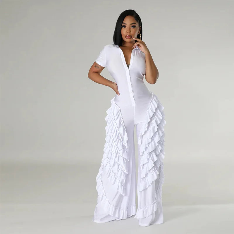 Fashion Women Mult Ruffles Short Sleeve Zipper Fly Wide Leg Shirt Jumpsuit 2024 Streetwear Romper One Piece Set Playsuit WHITE