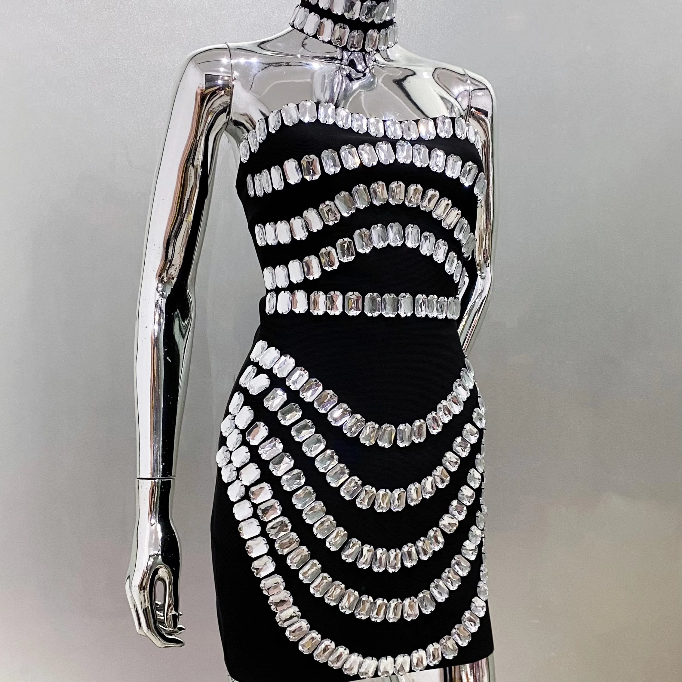 Sparkly Big Crystal Women Sexy Strapless Bodycon Mini Bandage Dress Necklace Celebrate Nightclub Party Photo Shoot Wear