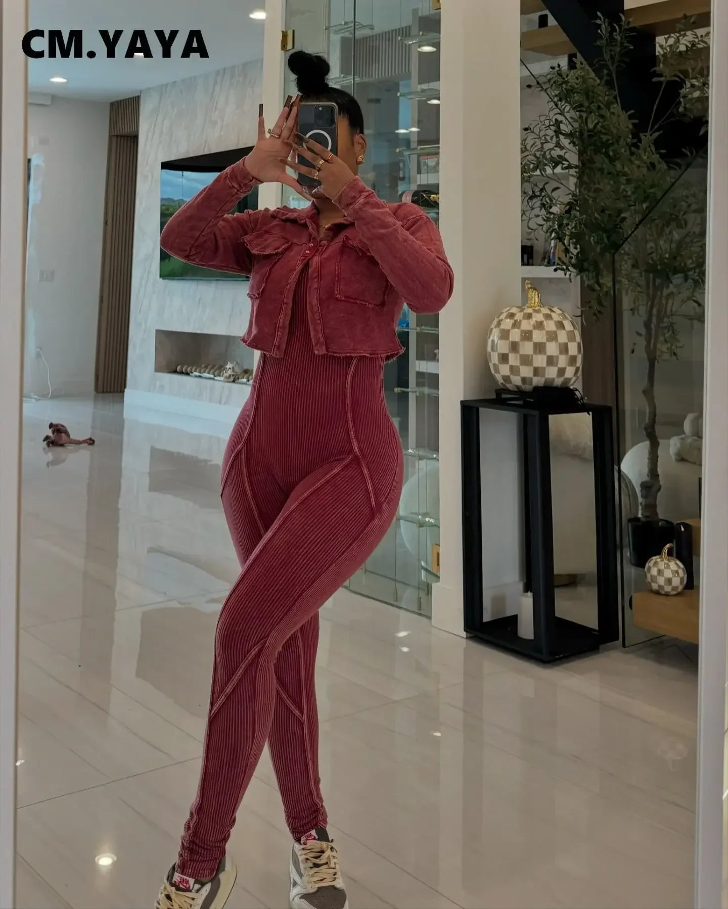 Fashion Women's Set Washed Knitted Long Sleeve V-neck Coats+pencil Jumpsuits Active Two 2 Piece Set Outfits Tracksuit