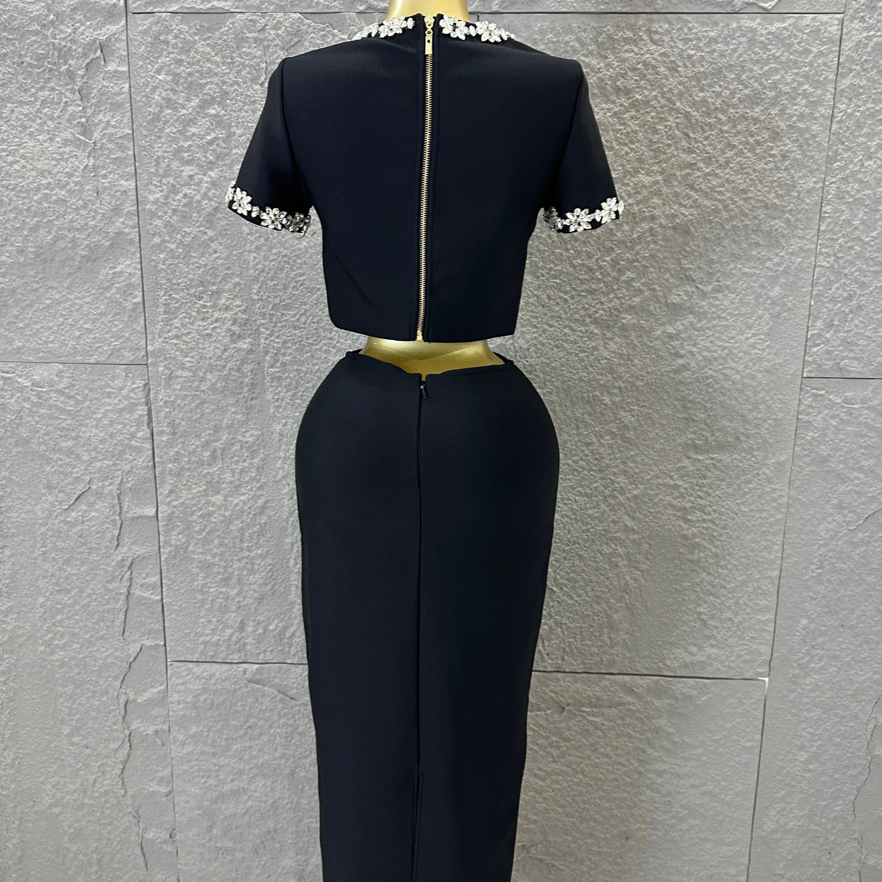 Black White Two Piece Set Women Elegant Short Sleeve Beaded Crop Top High Waist Pencil Midi Skirt Formal Suit