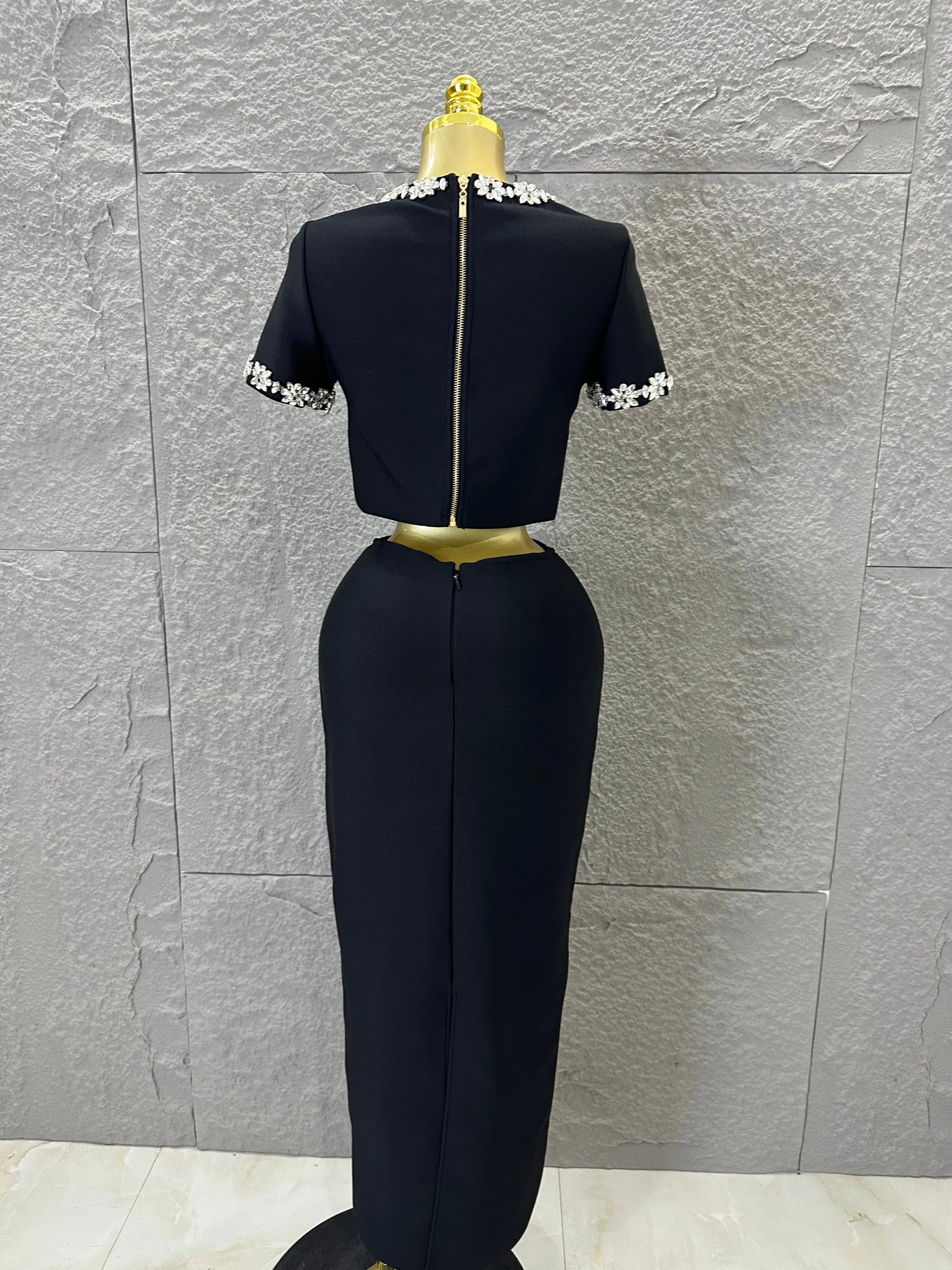 Black White Two Piece Set Women Elegant Short Sleeve Beaded Crop Top High Waist Pencil Midi Skirt Formal Suit