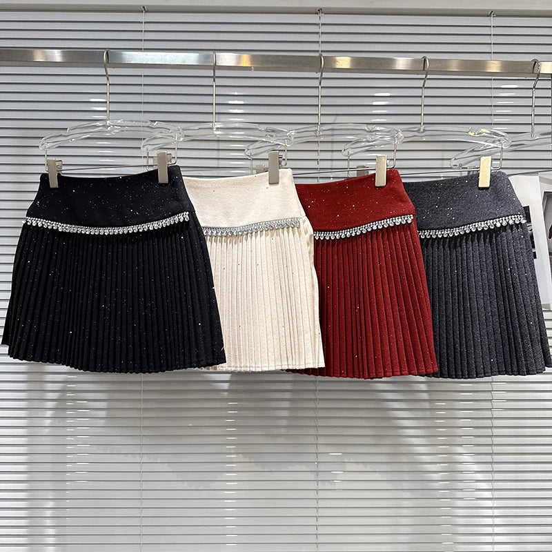 Winter New Heavy Industry Diamond Edge Woolen Solid Color Skirts For Women Versatile Pleated Skirt Female 11A07961