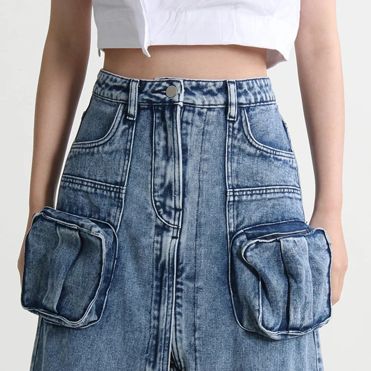 Split Denim Skirts For Women High Waist Patchwork Pocket Temperament Solid Skirt Female Autumn Fashion Style New