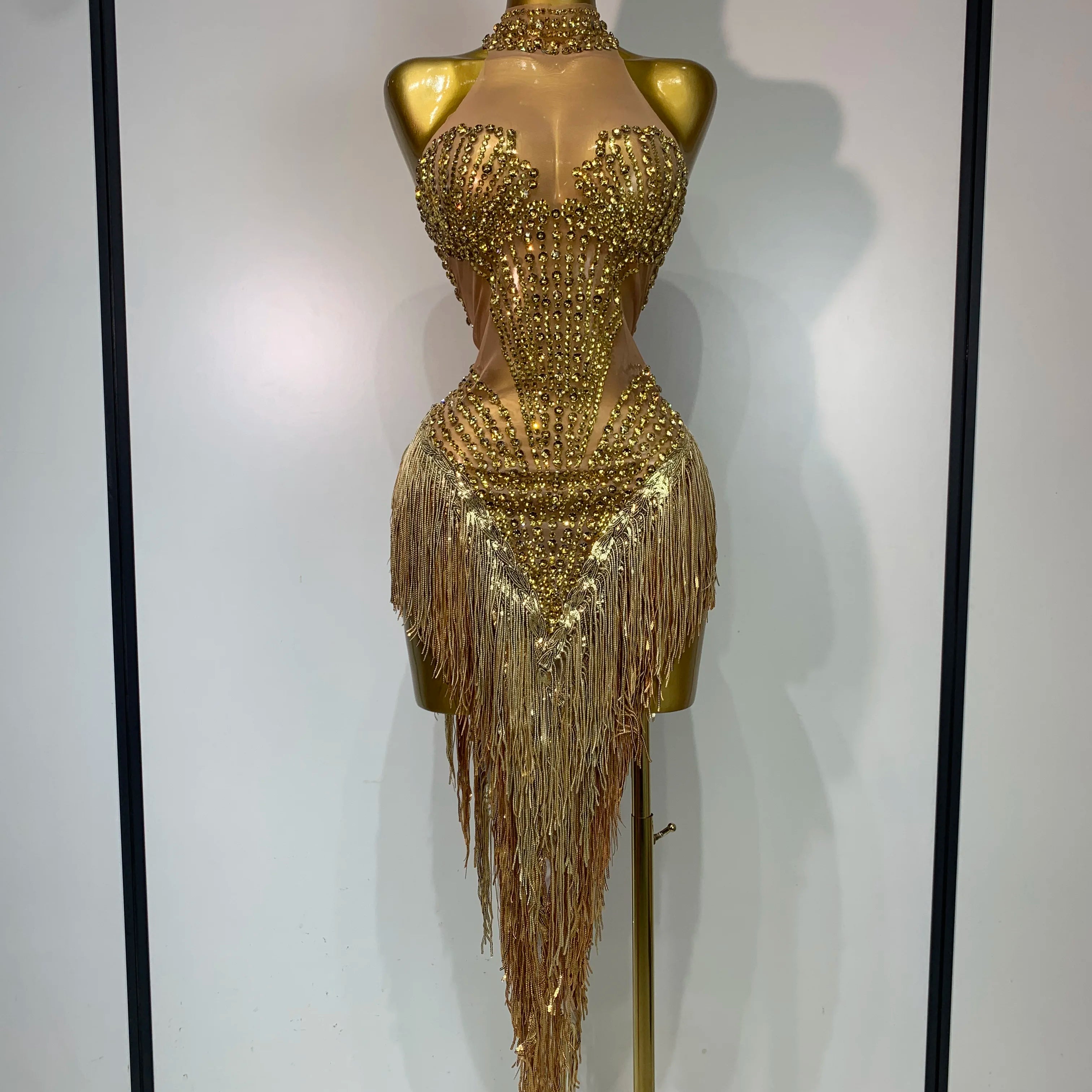 Women Sparkly Rhinestones Pearls Tassel Sexy Mesh See Through Dress Latin Dance Outfits Bar Nightclub Party Stage Costume Gold