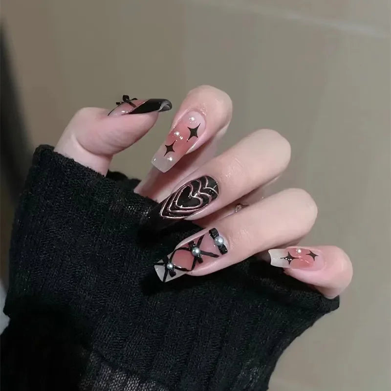 24Pcs False Nails French Gradient Ballet Fake Nails Press on Nails Black Heart Rhinestone Design Glitter Full Cover Nail Tips 32