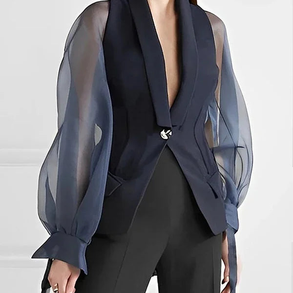 Bonboho Blazer Suits Top for Women Lapel V-neck Puff Sleeve Buttoned Shirt & Blouse for Urban Female Spring and Summer Tops black