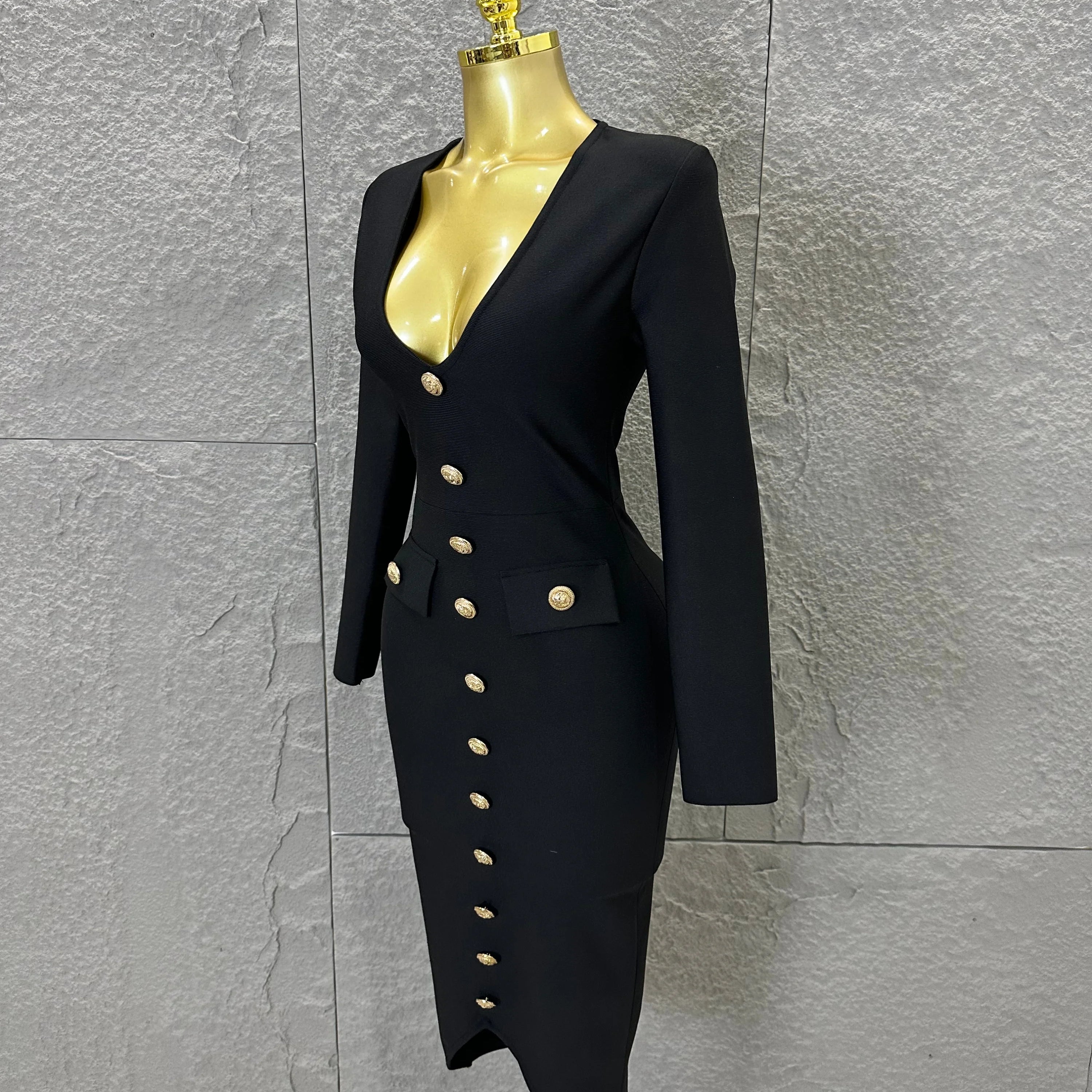 Elegant Black Deep V-Neck Midi Dress Women Sexy Long Sleeve Gold Button Form-Fitting Evening Party Cocktail Party Costume