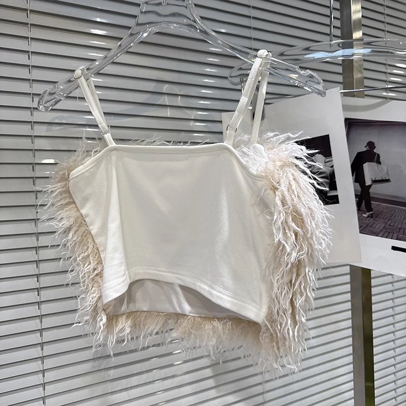 Winter New Sweet Temperament Faux Wool Adjustable Strap Camisole For Women Backless Tank Top Female 11A07775