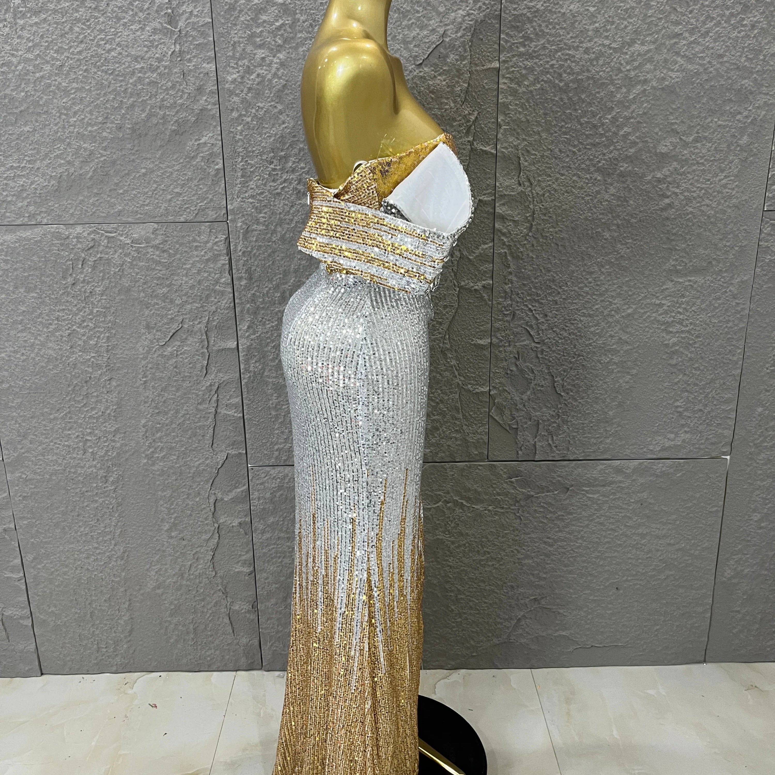 Sparkly Silver Gold Sequin Off Shoulder High Slit Dress Allover Glitter Evening Party Club Birthday Gala Celebration Event