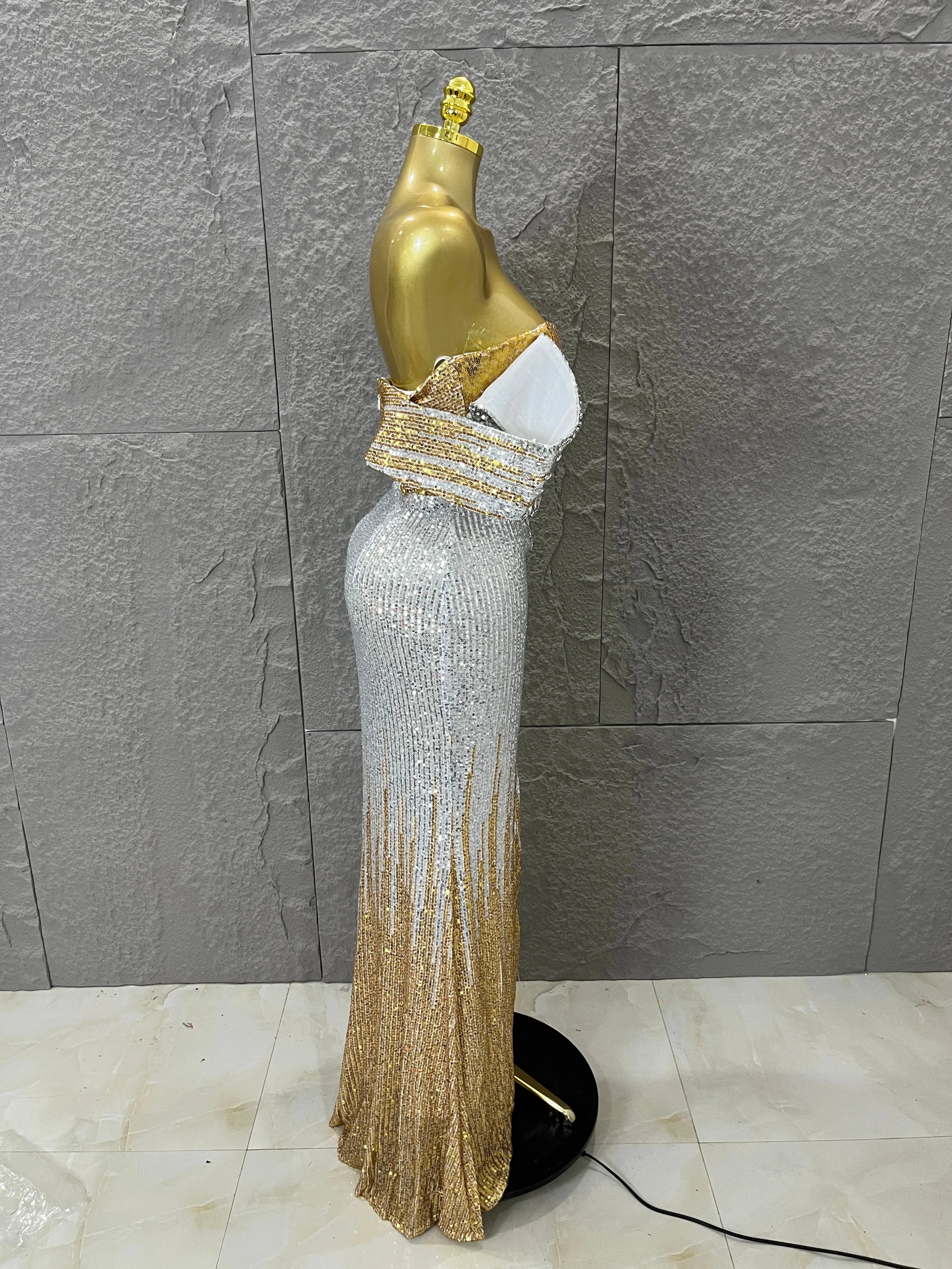 Sparkly Silver Gold Sequin Off Shoulder High Slit Dress Allover Glitter Evening Party Club Birthday Gala Celebration Event