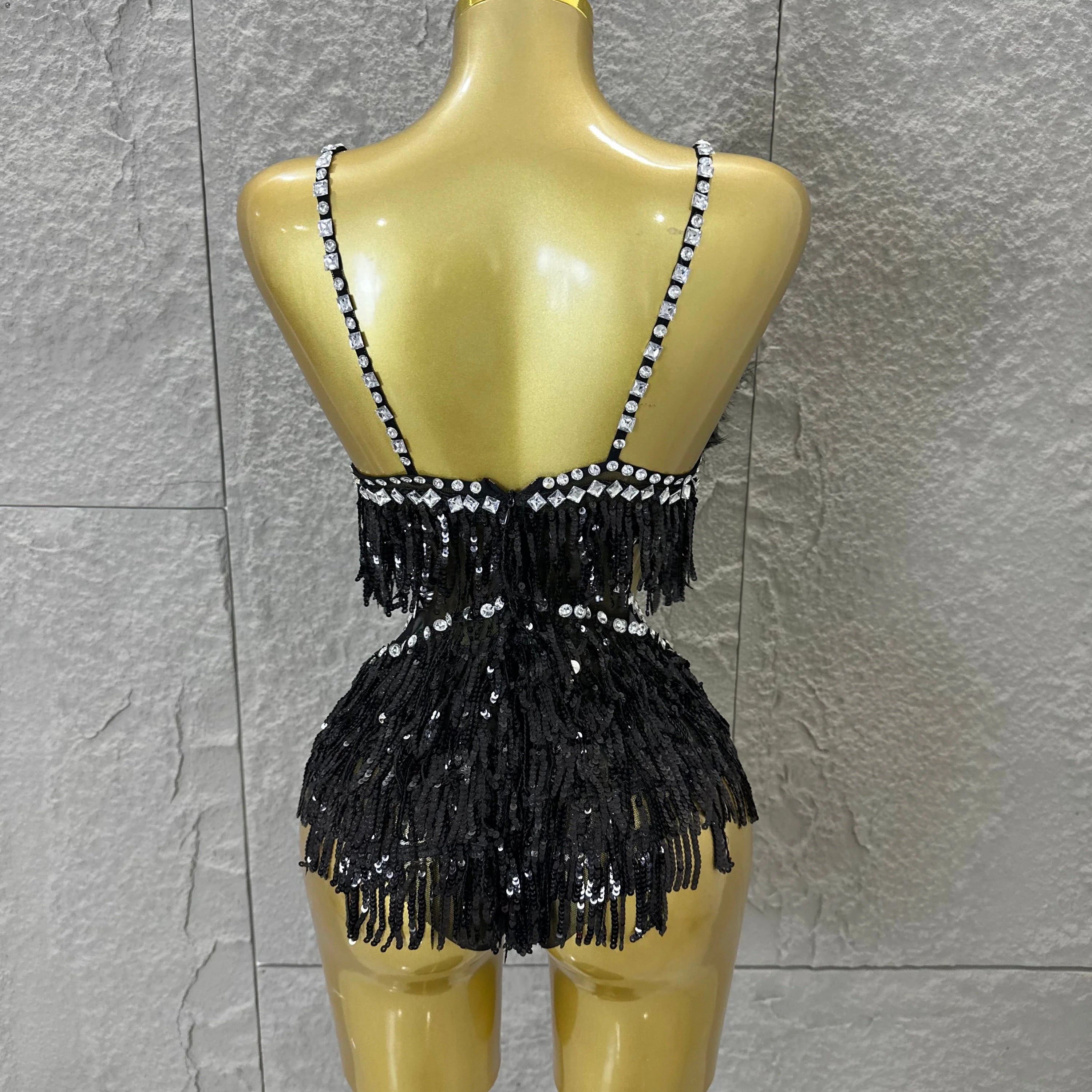 Luxurious Sheer Mesh Bodysuit Women Sexy Crystal Embellished Feather Fringe Trim Spaghetti Strap Outfit Stage Performance Outfit