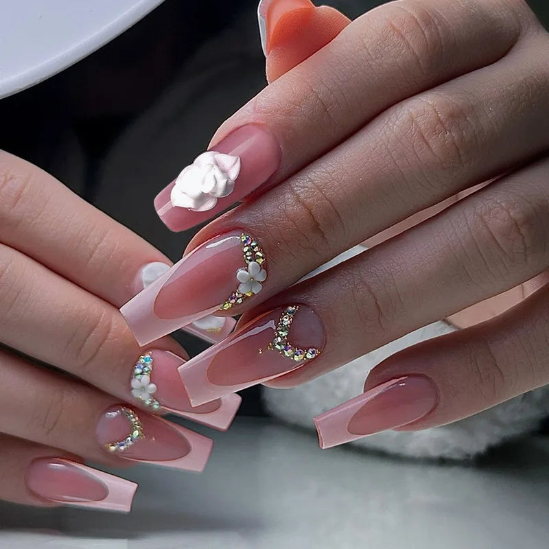 24Pcs French Pink Press on Nails Short Square Head Fake Nails with Flower Rhinestone Design Wearable Finished False Nail Tips 100-82