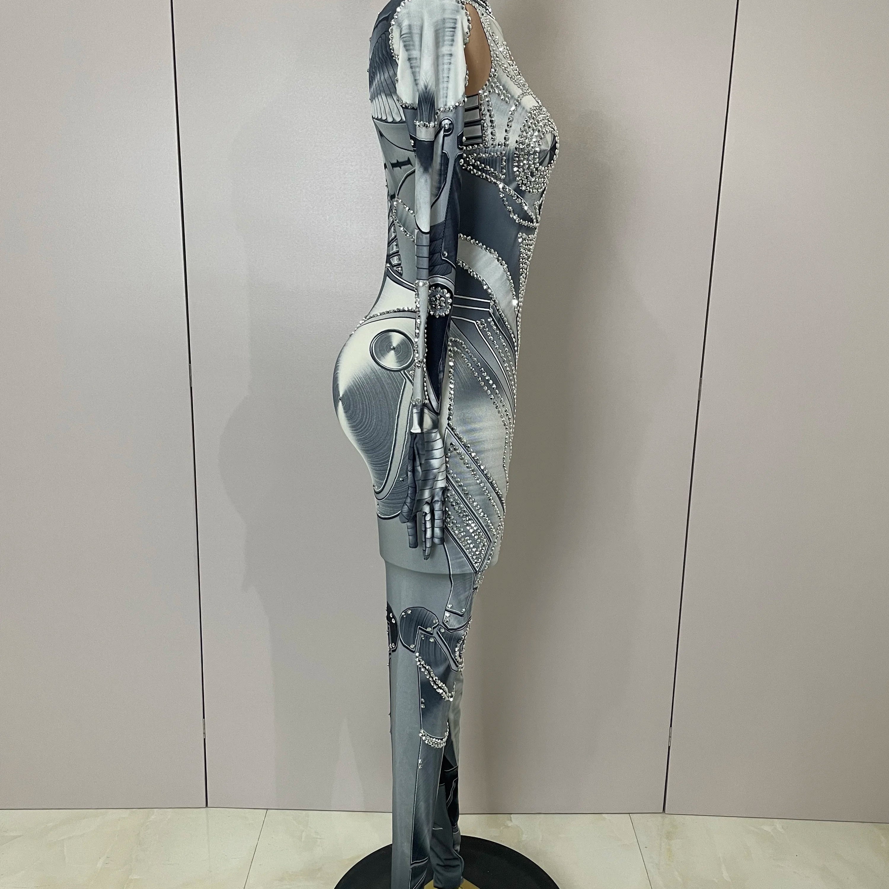 2025 New Trendy Women Sexy Rhinestones Printed Skinny Jumpsuit High Street Performance Dance Costume Bar Club Show Stage Wear