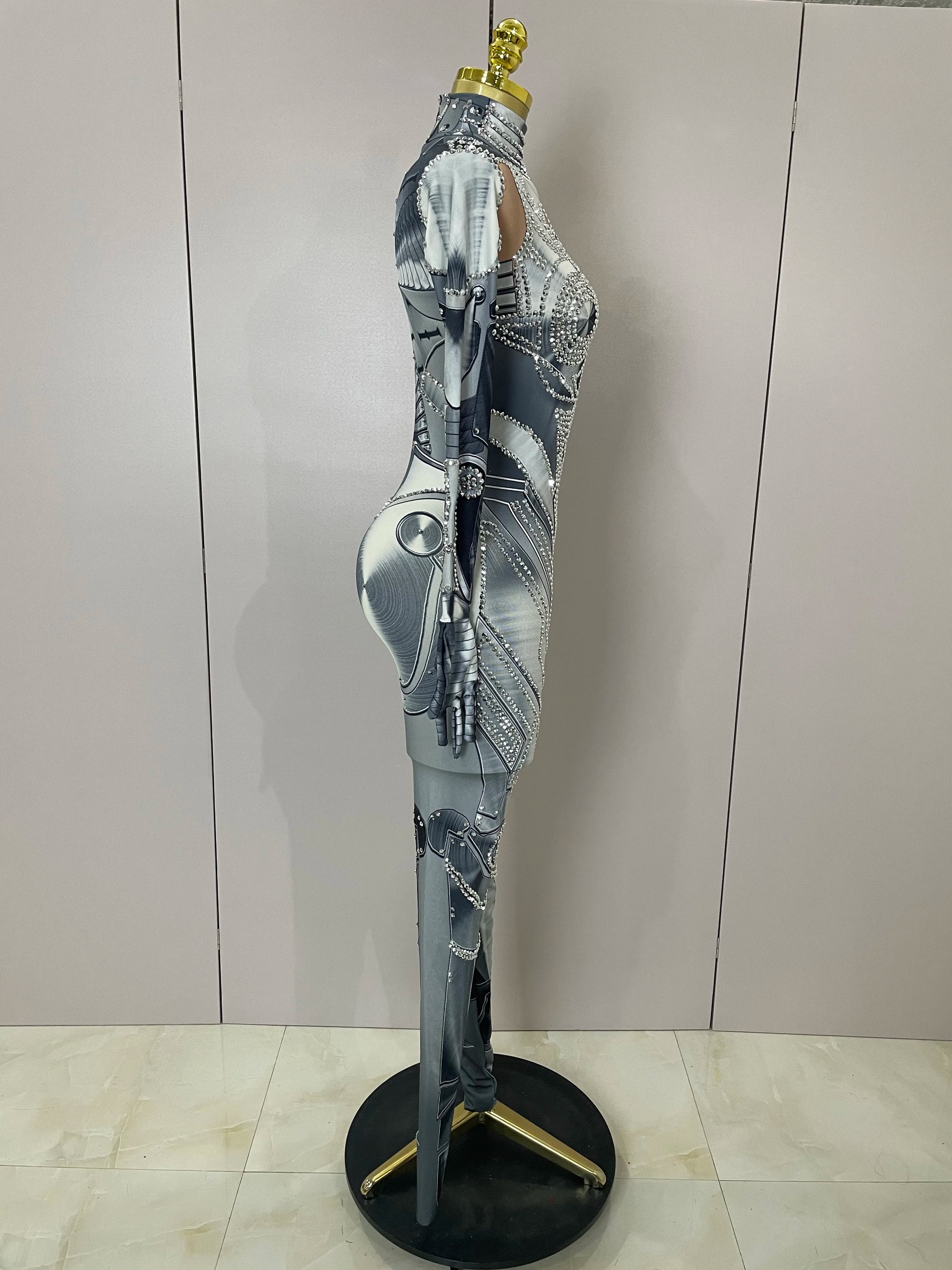 2025 New Trendy Women Sexy Rhinestones Printed Skinny Jumpsuit High Street Performance Dance Costume Bar Club Show Stage Wear