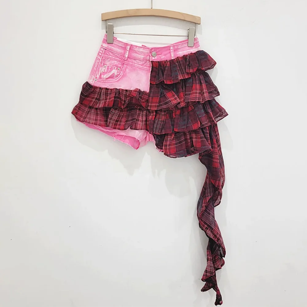 Colorblock Designer Short Jeans For Women High Waist Spliced Denim Asymmetrical Designer Trousers Female Fashion PINK