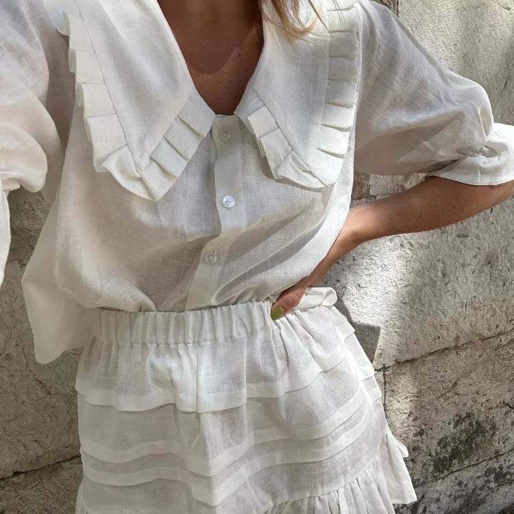 Casual Ruffle Doll Collar Shirts Shorts Set Women Puff Short Sleeve Single Breasted Blouses Suit Summer Loose Lady Suits