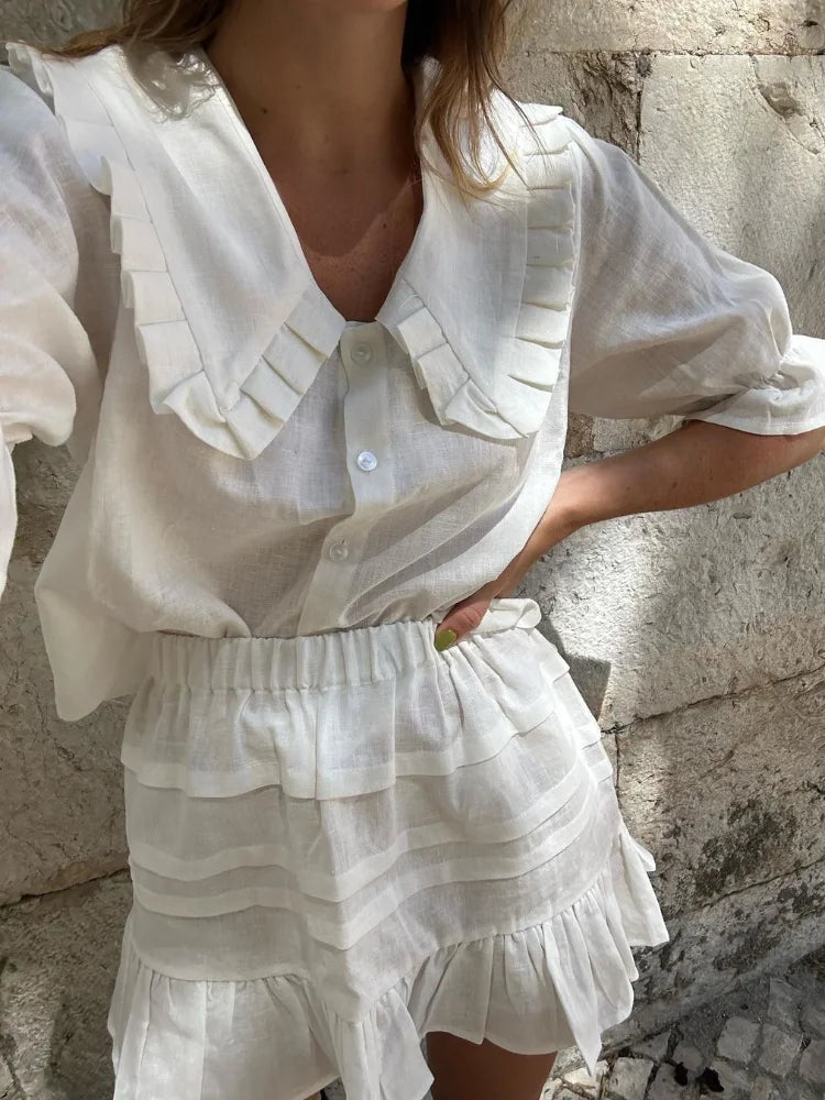 Casual Ruffle Doll Collar Shirts Shorts Set Women Puff Short Sleeve Single Breasted Blouses Suit Summer Loose Lady Suits