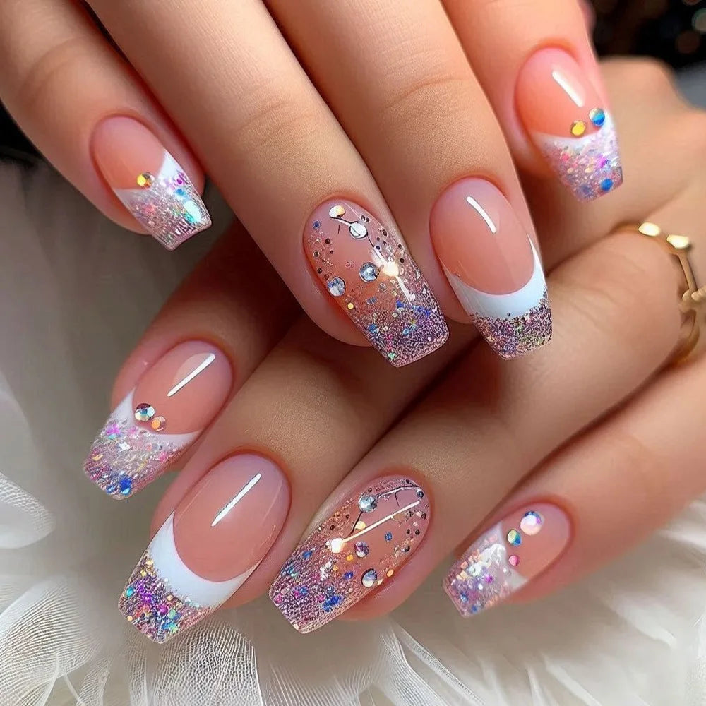 24Pcs Glitter French Fake Nails with Broken Diamond Colorful Aurora Sequin Press on False Nails Tips Wearable Ballet Manicure 650