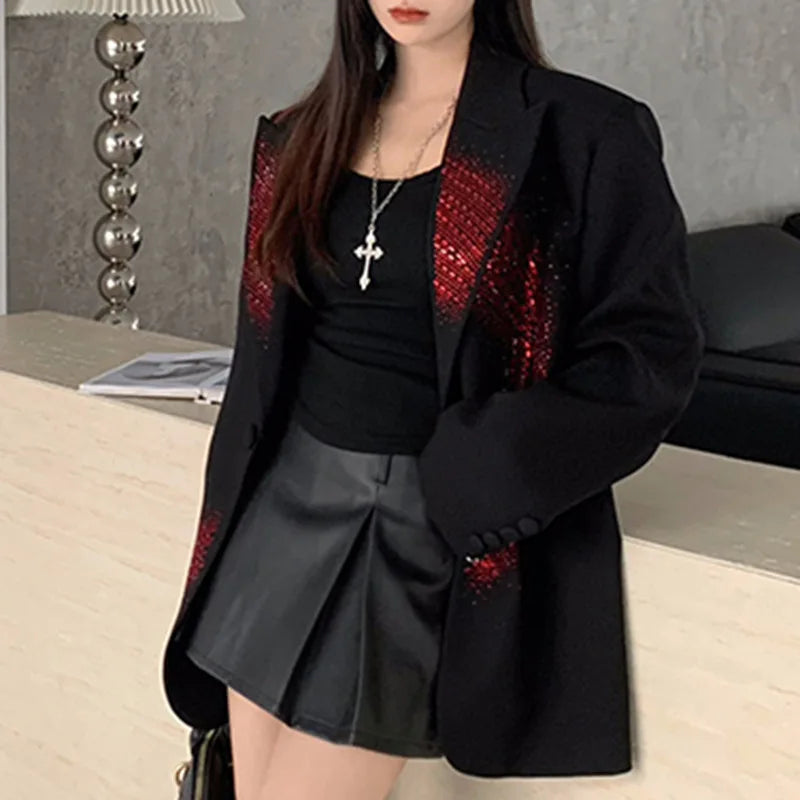 Solid Loose Spliced Hot Fix Elegant Jackets for Women Lapel Long Sleeves Patchwork Button Jacket Female Fashion New