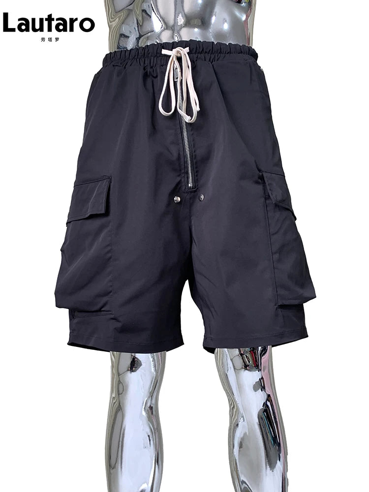 Lautaro Summer Autumn Black Cargo Shorts for Men High Elastic Waist Drawstring Pockets Loose Casual Short Straight Pants Clothes Black