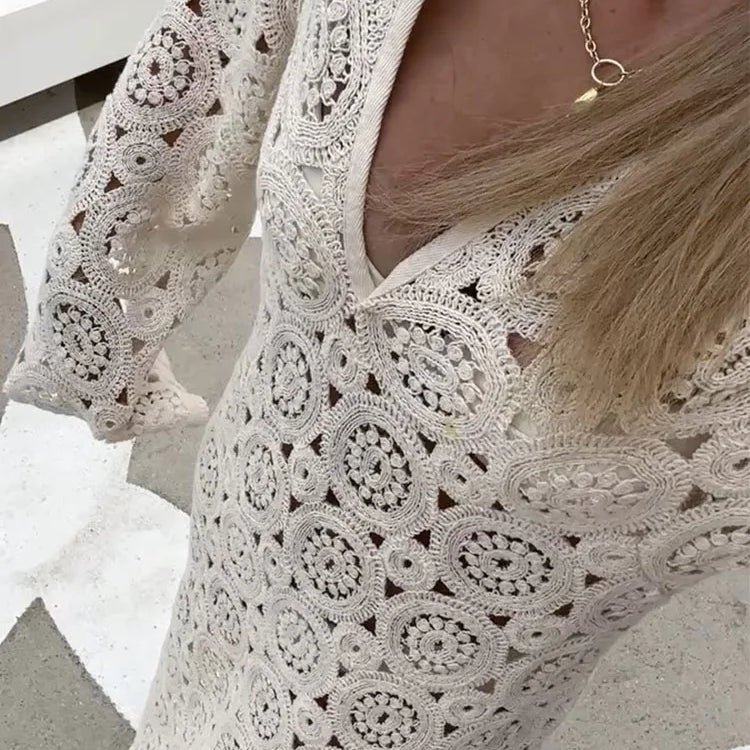 Elegant Hook Flower Hollowed Out Midi Dress Women V Neck Long Flare Sleeves Loose Robes New Fashion Female Vacation Vestido