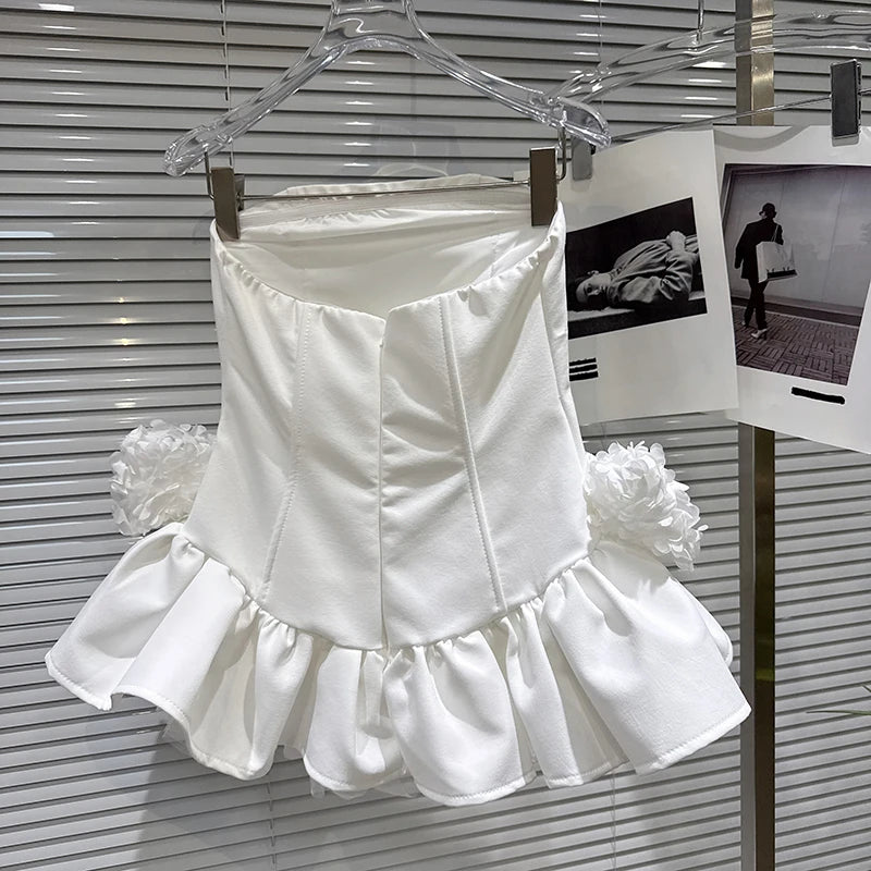 Winter New Sweet Fashion Ruched Floral Fishbone Strapless Dress With Solid Color Shorts Set For Women 11A07946