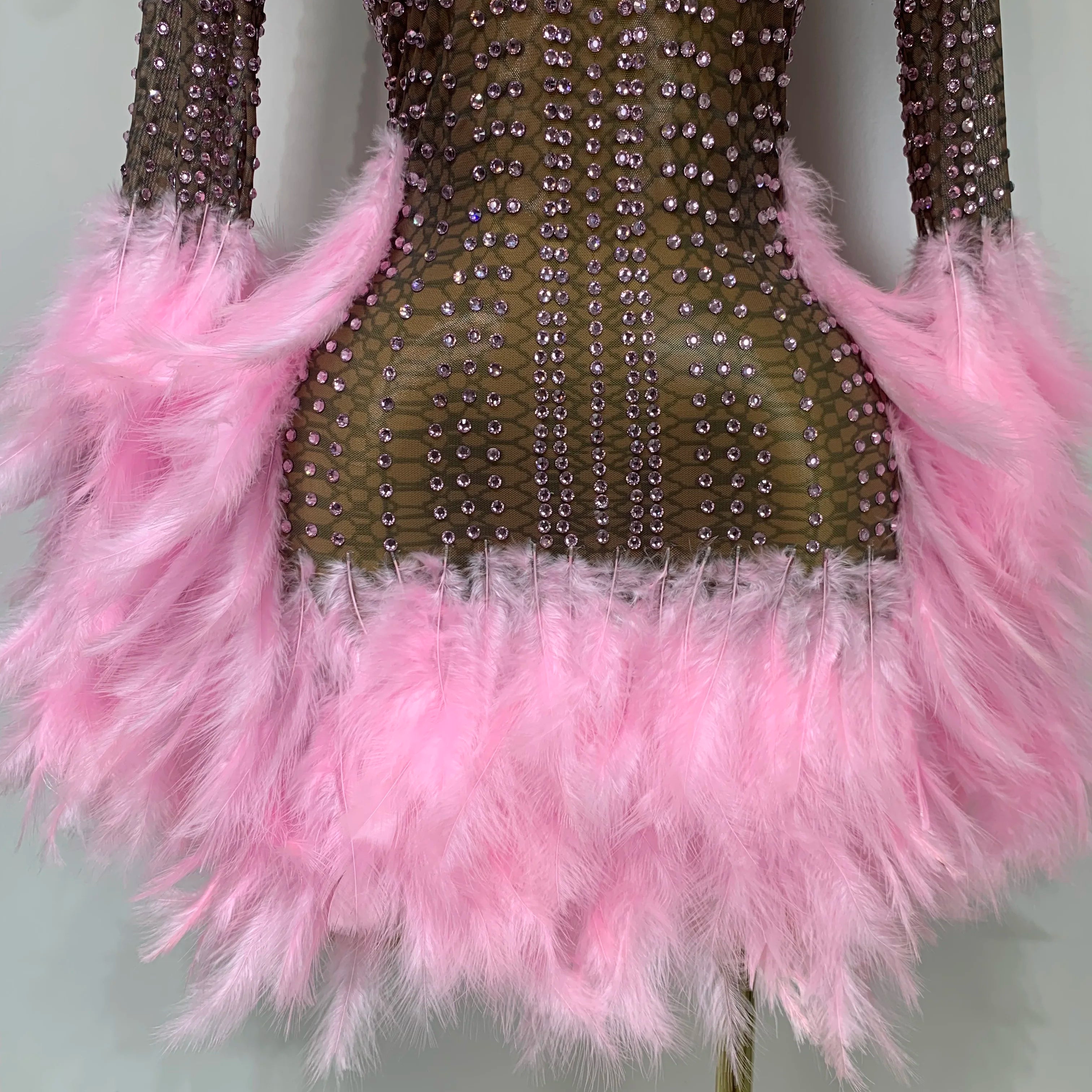 Women Luxury Birthday Dress Rhinestones Mesh Feathers Bodycon Mini Celebrity Evening Club Party Dress Nightclub Stage Outfit
