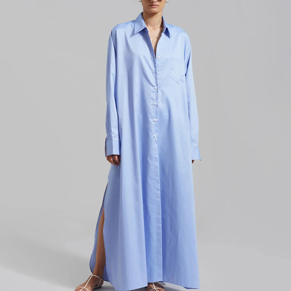 Solid Minimalist Split Dresses For Women Lapel Long Sleeve High Waist Patchwork Single Breasted Loose Dress Female BLUE One Size