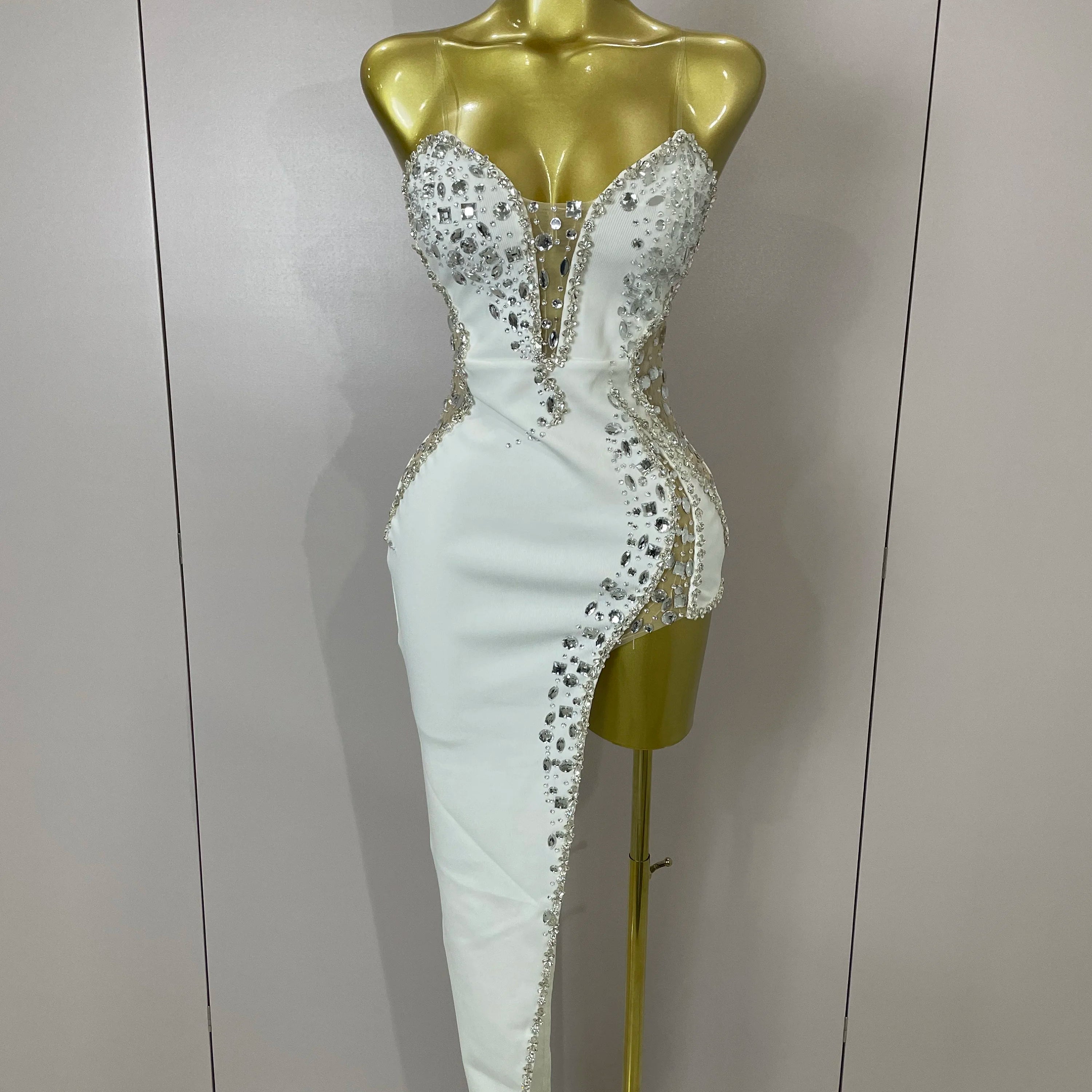 Newest Sexy Strapless Shinning Rhinestones Bodycon Bandage Long Dress Women Fashion Celebrate Evening Party Vestido WHITE