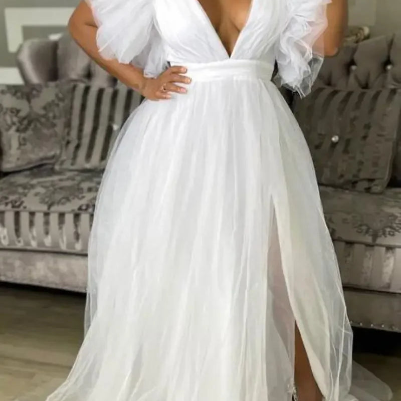 Women Cascading Ruffles Shoulder High Side Split Mesh Patchwork Maxi Long Dress 2023 sexy even Party Vestidos Dresses