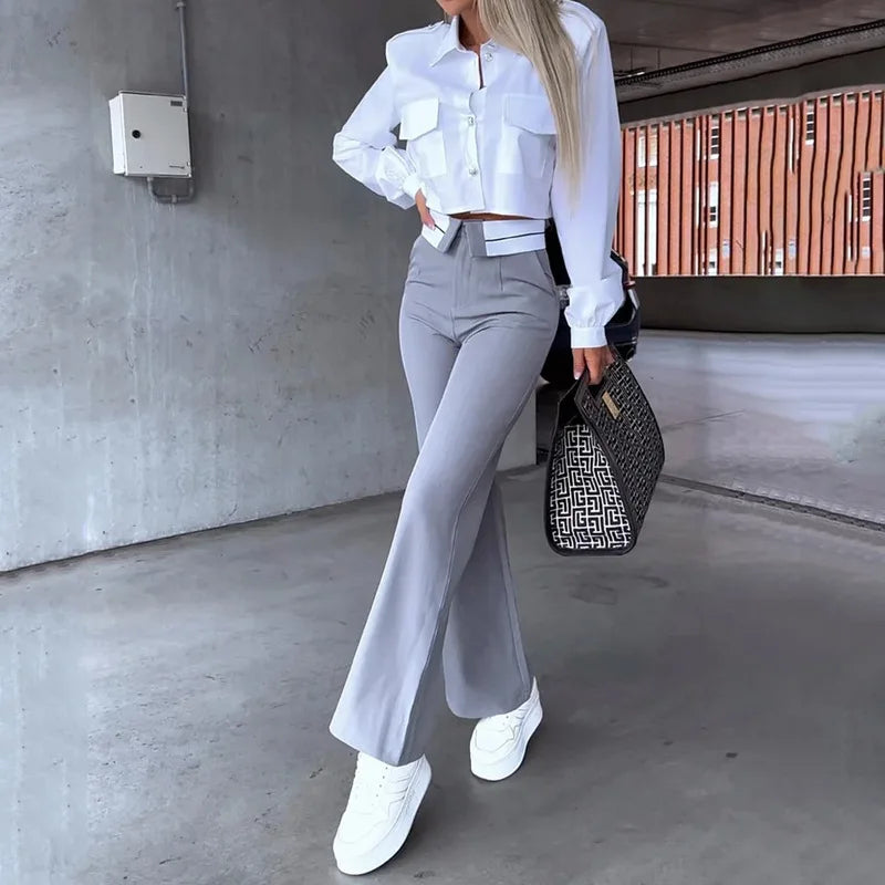 fall spring Women Two Piece Set Office Simple Solid Lapel Long Sleeve white Shirt Top gray Pants Set blazer elegant Y2K