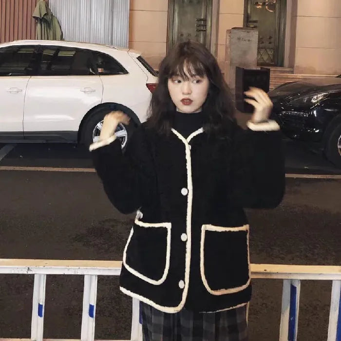 Women Autumn Winter Warm Teddy Coat Berber Fleece Round Collar Short Jacket Plush Outerwear Female Fashion Streetwear Clothes black