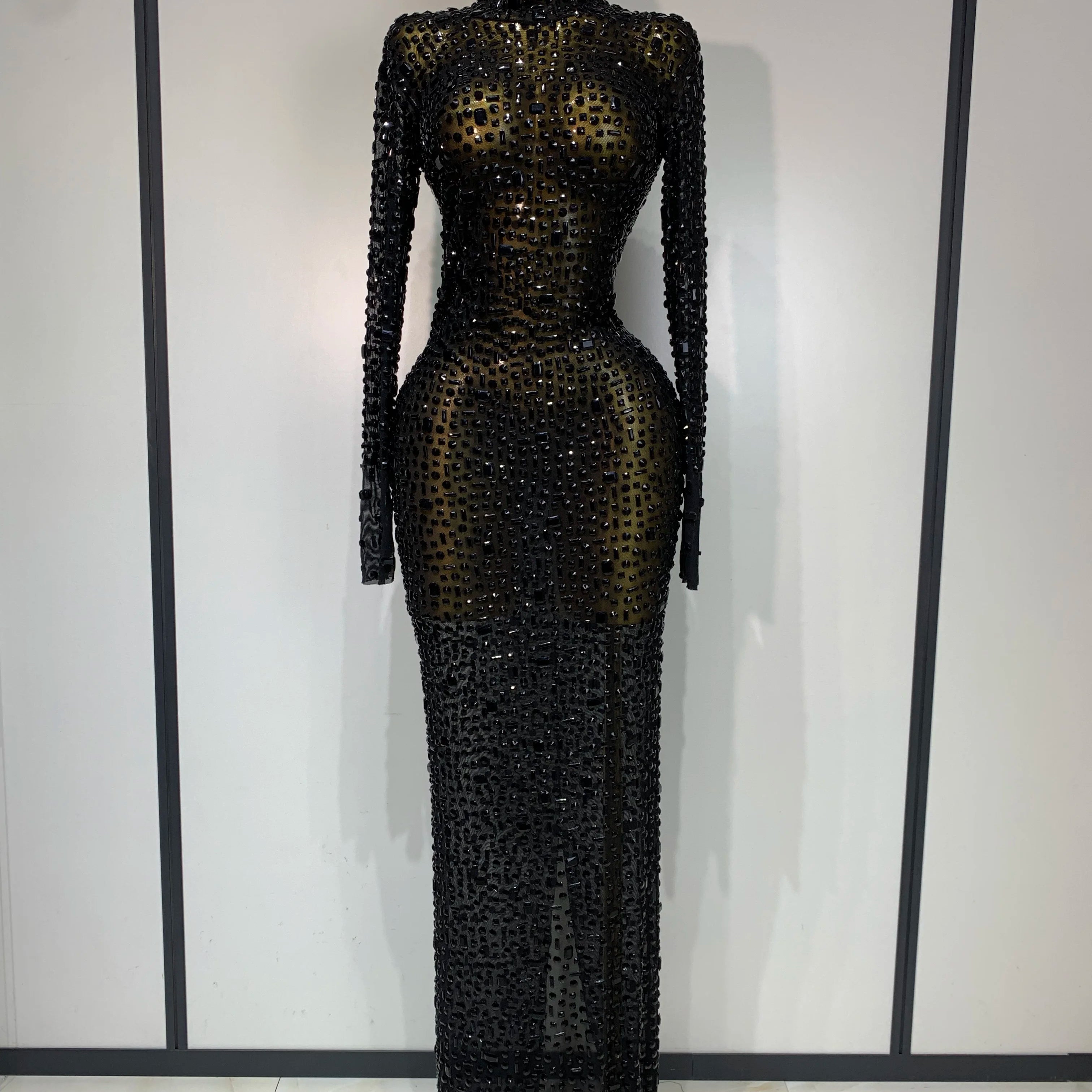 Sparkly Luxury Rhinstones Long Sleeve Elegant Party Dress Women 2025 Performance Stage Outfit Evening Birthday Prom Gown black