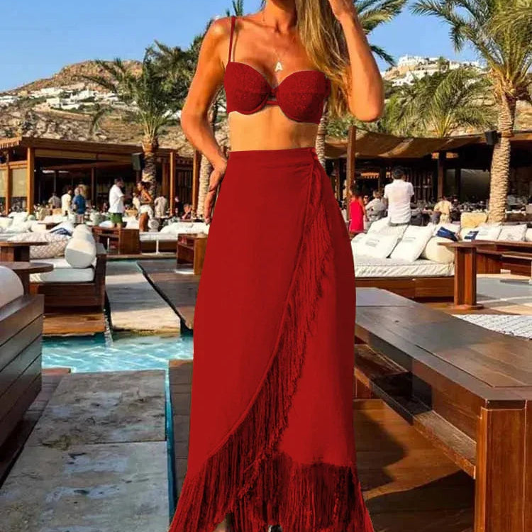 Sexy 3Pcs Bikini Set With Skirt Women Swimsuit Tassel Long Skirt Bathing Suit Beachwear Summer Trend Female Swimwear Dress PI23371R1